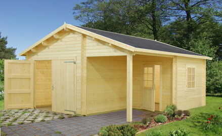 Drevená garáž Roger 21,9+5,2 m² s drevenými dverami